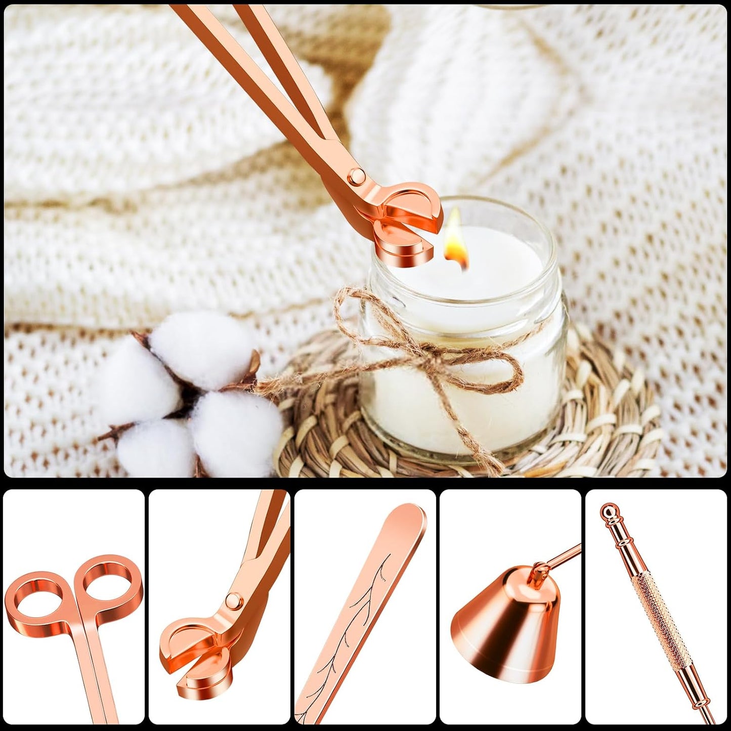 3 in 1 Candle Care Kit - Wick Trimmer, Snuffer & Dipper Set (Rose Gold)