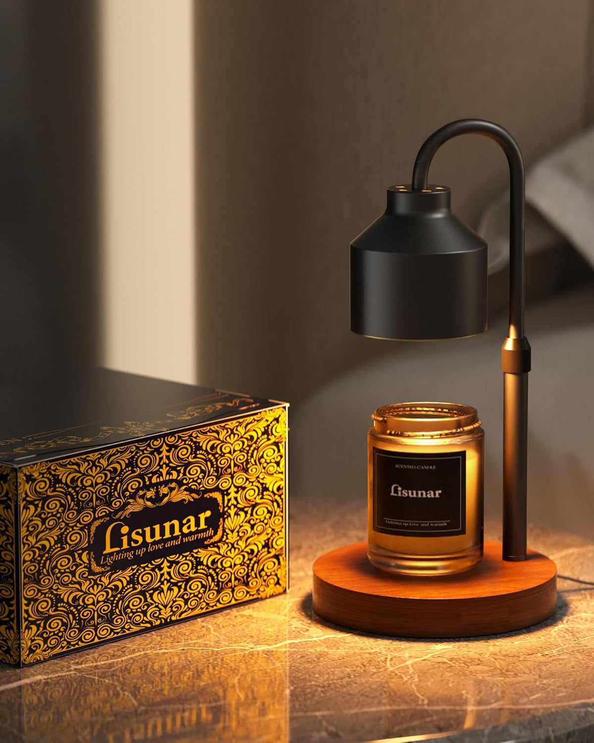 Electric Candle Warmer Lamp Black, Candle Lamp Warmer with Timer, Wax Warmer Lamp for Jar Candles, Adjustable Height Candle Light Warmer with 2 Bulbs