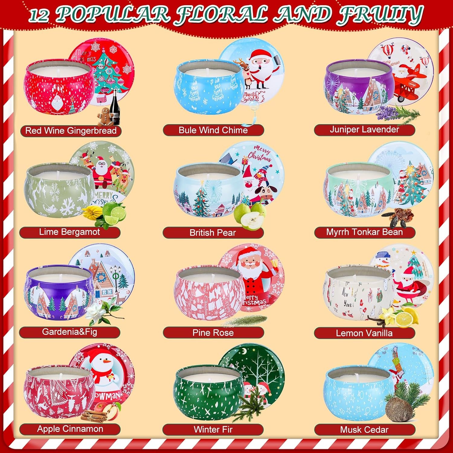12PCS Christmas Scented Candles Gift for Women - Aromatherapy Candle for Home - 3.4Oz Soy Wax Birthday Gifts for Mother, Friend, Wife, Sister, Xmas Decorations