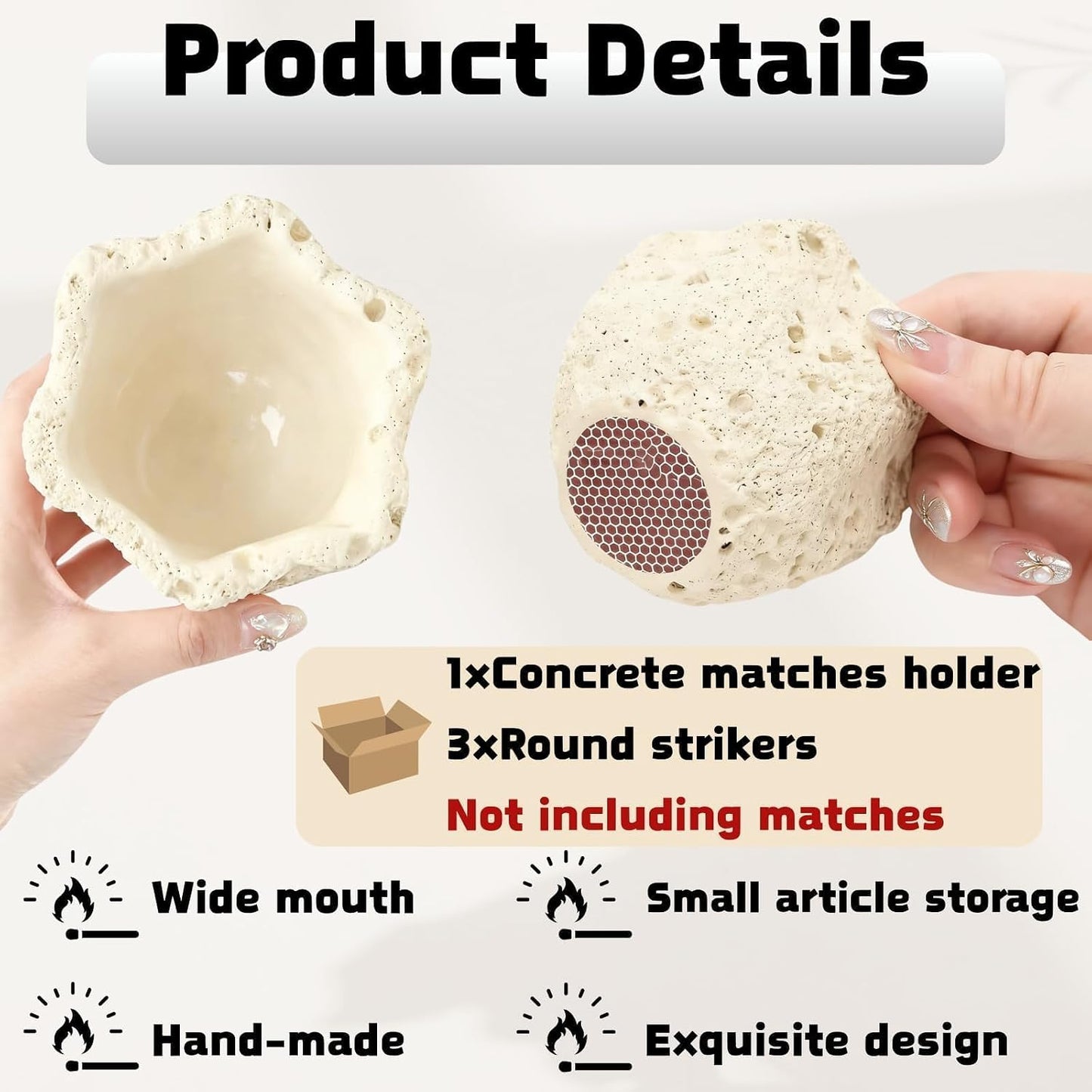 Match Holder with 3 Striker Pads Concrete Decorative Fireplace Match Dispenser Matchstick Organizer Wedding Cute Candles Matches in a Jar for Camping Home Parlor Bathroom Kitchen, Matches Not Included