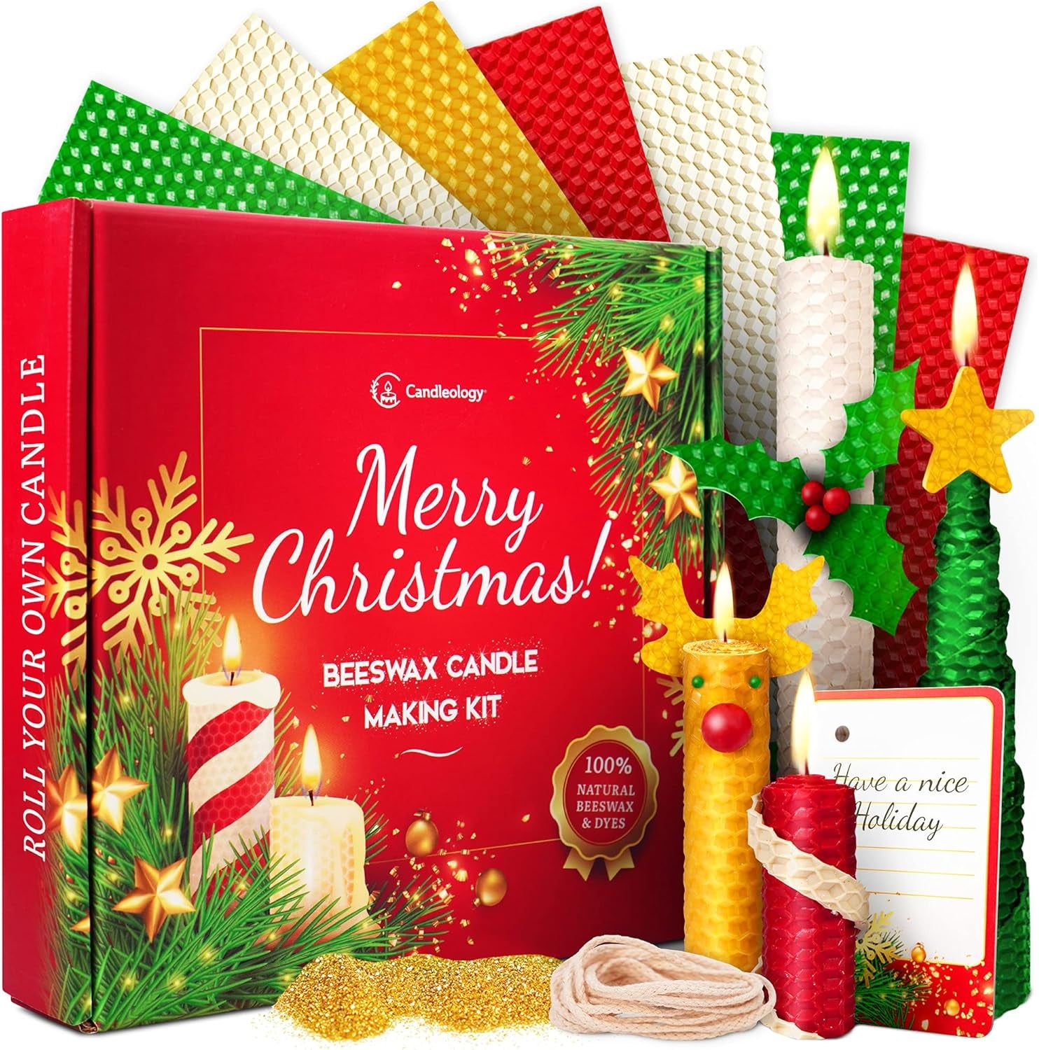 Christmas Candle Rolling Kit - Beeswax Candle Making Kit for Kids & Adults (Christmas, Hanukkah, Kwanzaa) - DIY Winter Candles Craft Project